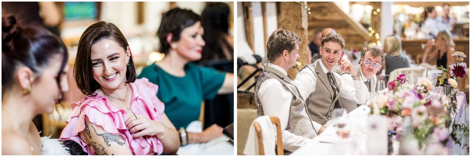 Documentary photography of wedding guests in the main building at Clock Barn near Winchester.