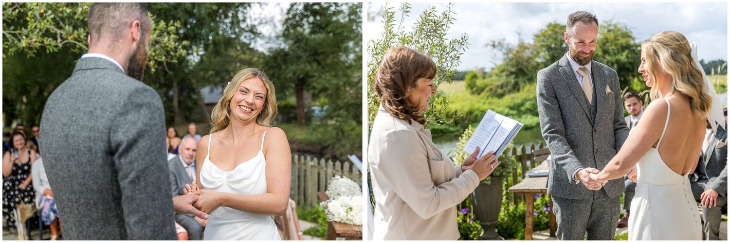 Wedding guests gather outdoors for a joyful celebration on a sunny summer day.