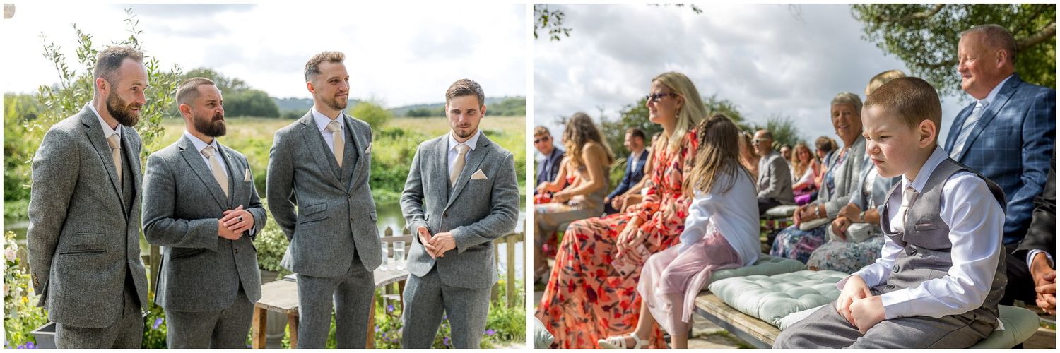 Wedding ceremony and reception scenes with guests seated outdoors.