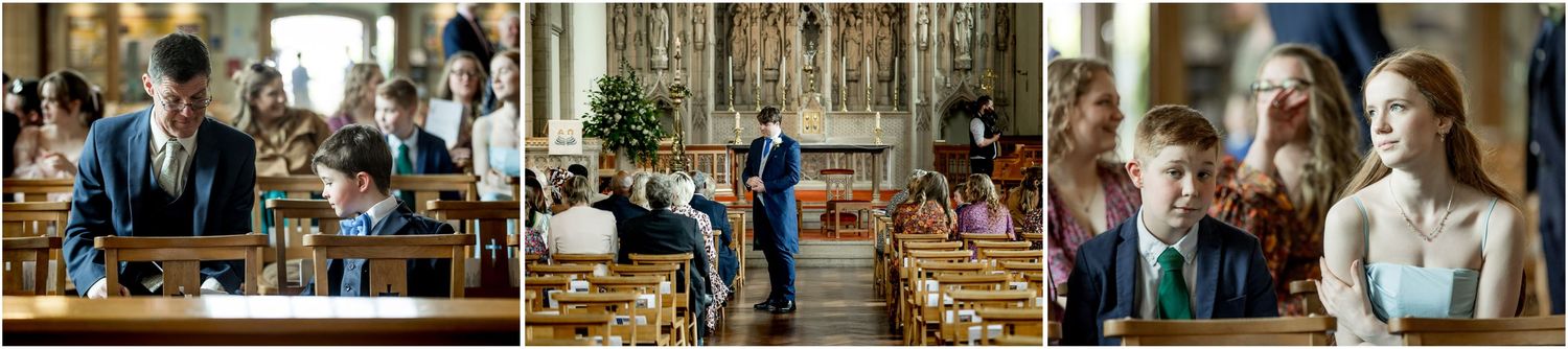 Wedding ceremony in progress within a grand cathedral with gothic arches and stained glass.