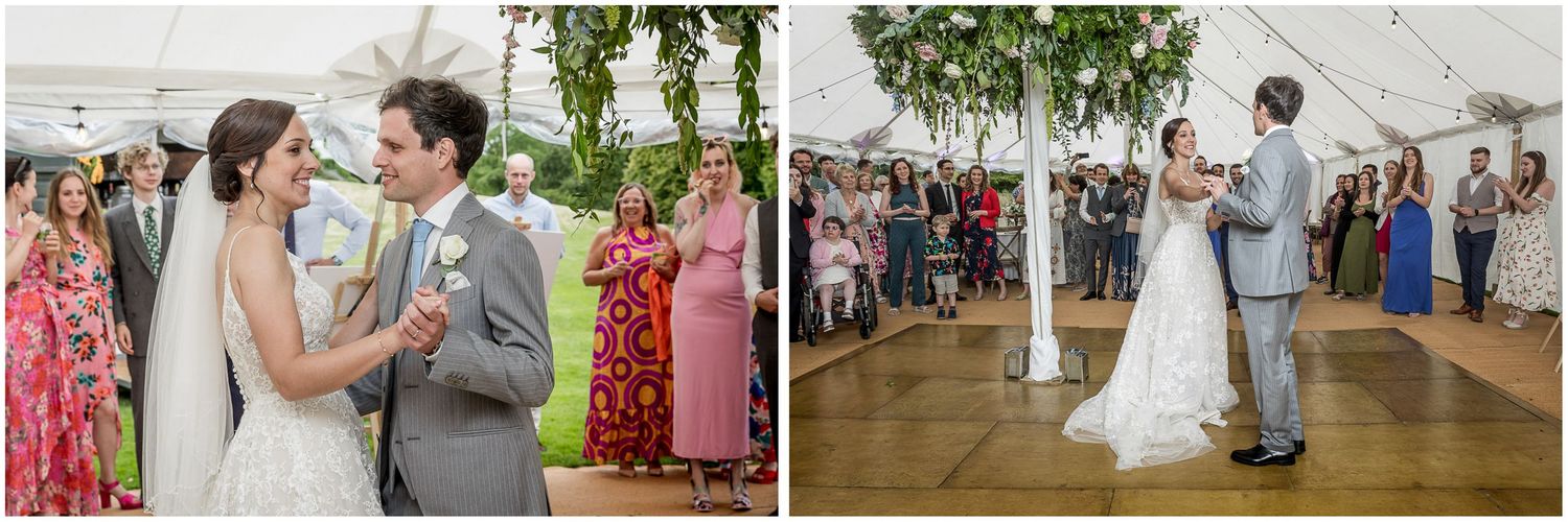 Wedding reception moments captured under a tent with guests celebrating.