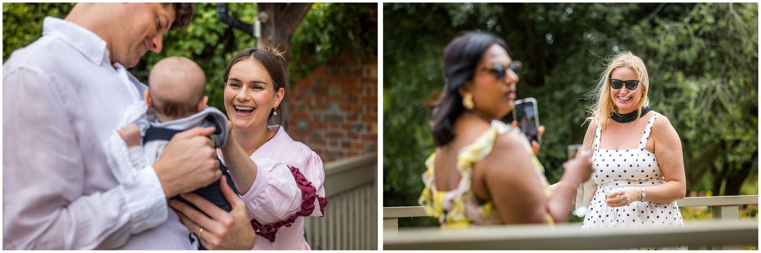 Candid photographs of wedding guests arriving at the Hampshire wedding venue for an outdoor ceremony by the river