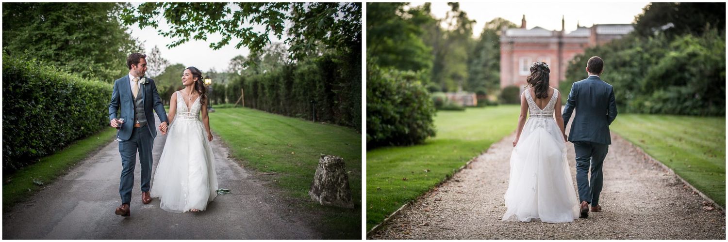 Elegant wedding photography session in formal garden with stone pathways.