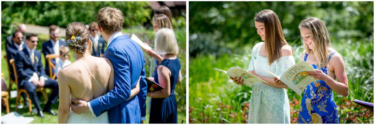 Wedding ceremony participants in blue and white attire standing in a lush garden setting.