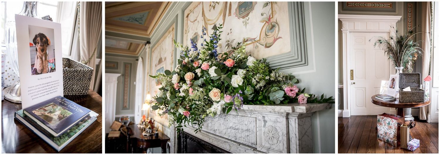 Elegant wedding venue interior with ornate architectural details and floral arrangements.