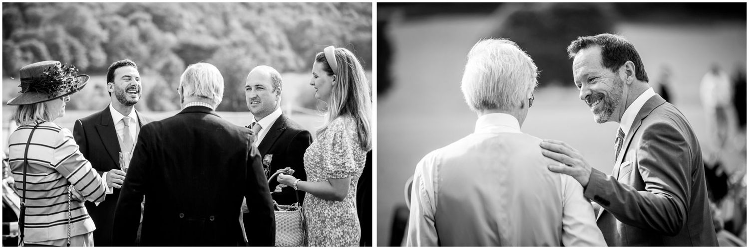 Black and white candid shots of wedding guests mingling at an outdoor reception.