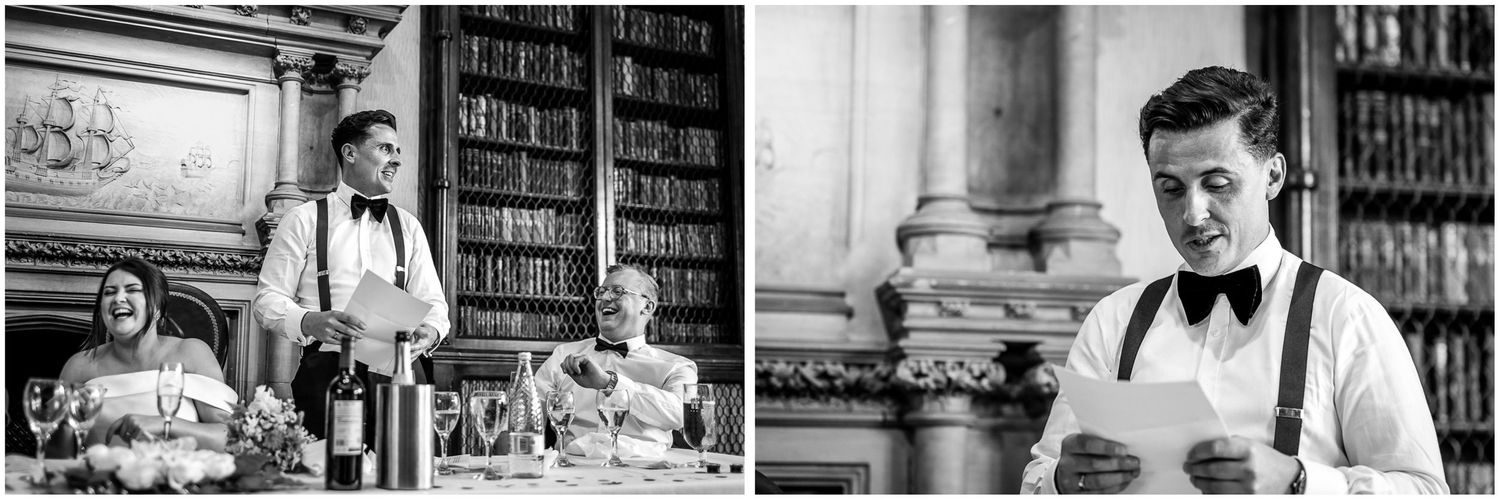 A series of black and white wedding photographs showing couples and guests in a library setting.