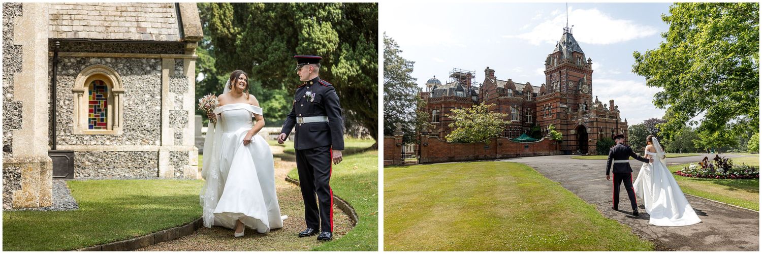 Wedding party poses for photos on the scenic grounds of a historic stone church with lush greenery and gardens.