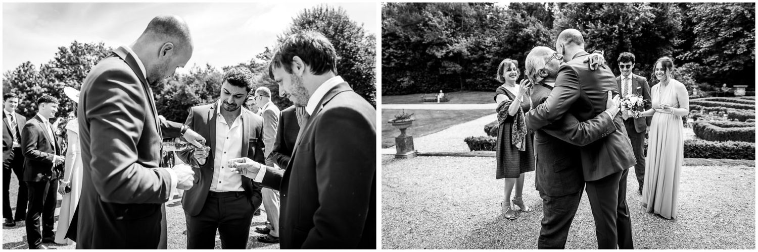 Wedding guests mingling and socializing during an outdoor garden reception.