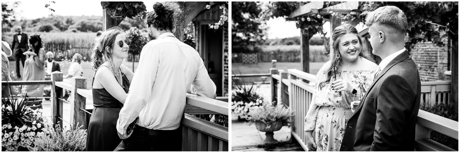 Candid black and white photographs capture laughter and celebration at an outdoor wedding.
