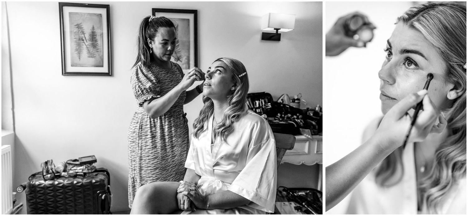 Black and white photos showing wedding day preparation moments.