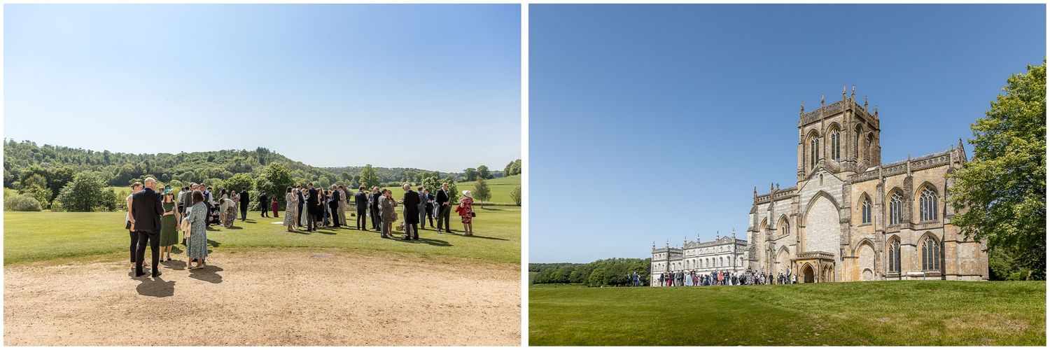 Scenic view of a historic church and grounds on a sunny summer day.