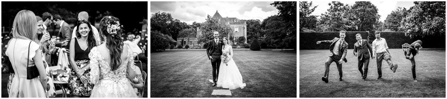 A collection of black and white wedding photographs showing candid moments and celebrations during a special day.