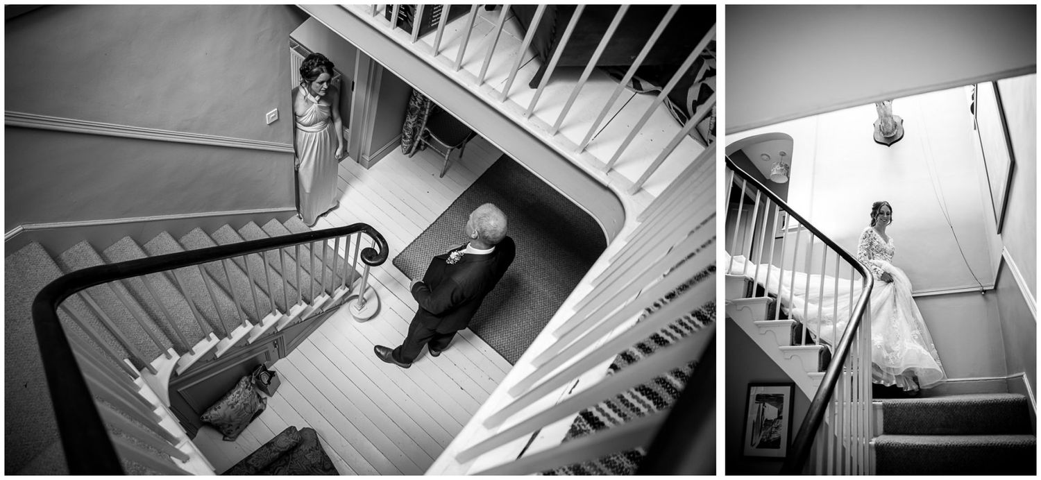 A dramatic black and white staircase sequence showing multiple angles of spiral and straight staircases in moody lighting.
