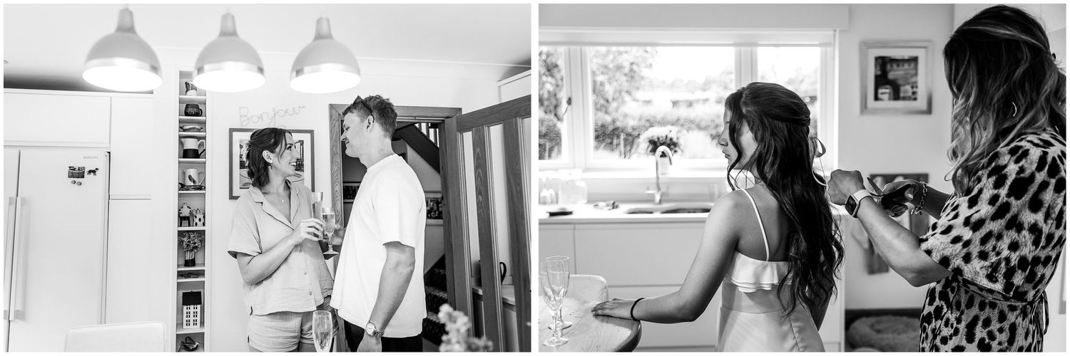Black and white candid wedding photography during the bridal preparations.