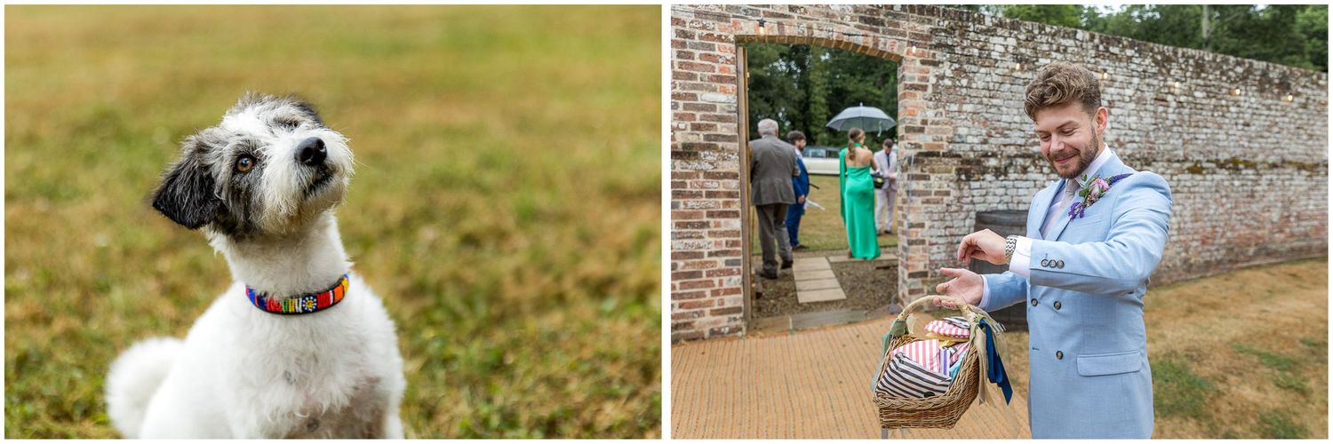A groomsman and the couple's dog wait for the arrival of the bride