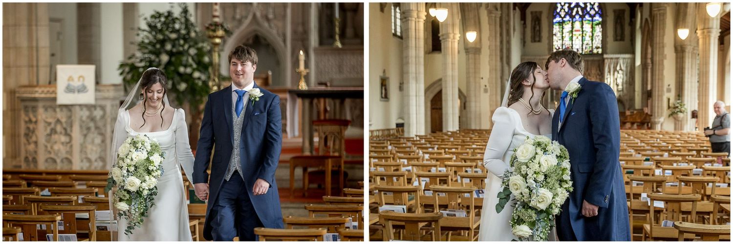 Elegant church interior decorated with Christmas tree and floral arrangements for winter wedding ceremony.