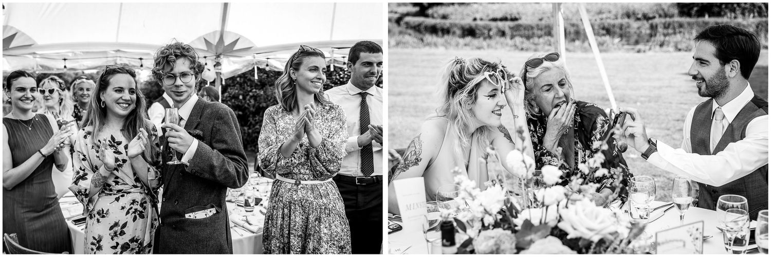 Black and white photos of wedding guests celebrating at an outdoor reception.