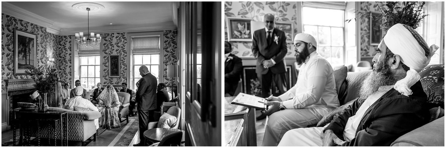 Documentary-style wedding photographs showing interactions in an elegantly decorated indoor space.