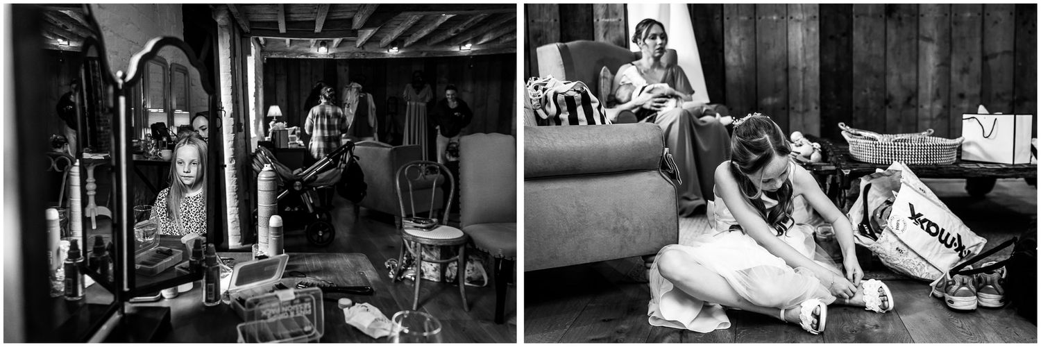Black and white photographs taken during bridal wedding preparation at Clock Barn wedding venue