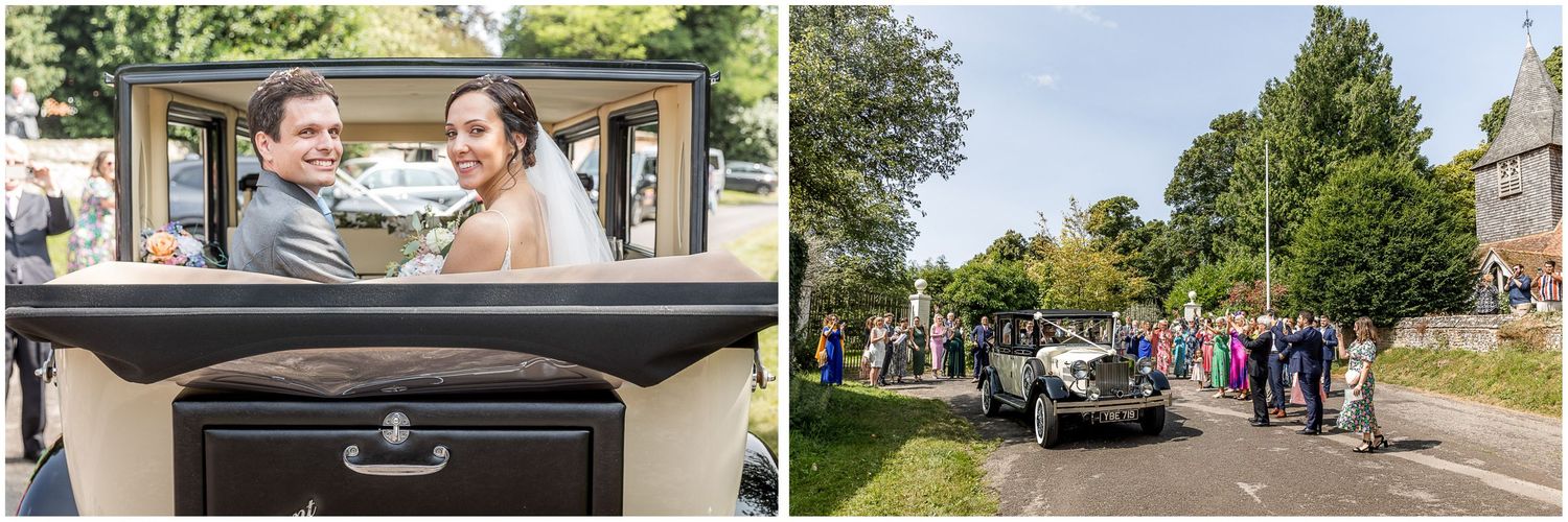 Outdoor wedding venue views with green landscaping and church architecture.
