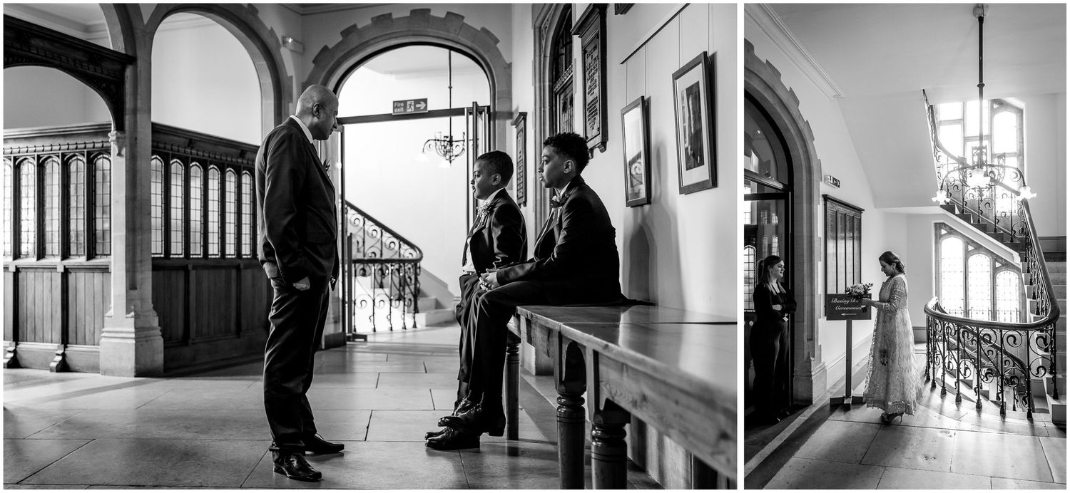 Black and white photos showing interior architectural details of a historic building.