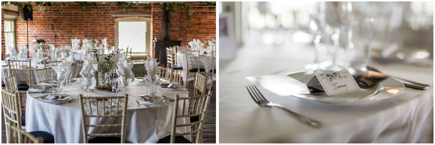 Indoor wedding reception venue with exposed brick walls and elegant table settings.