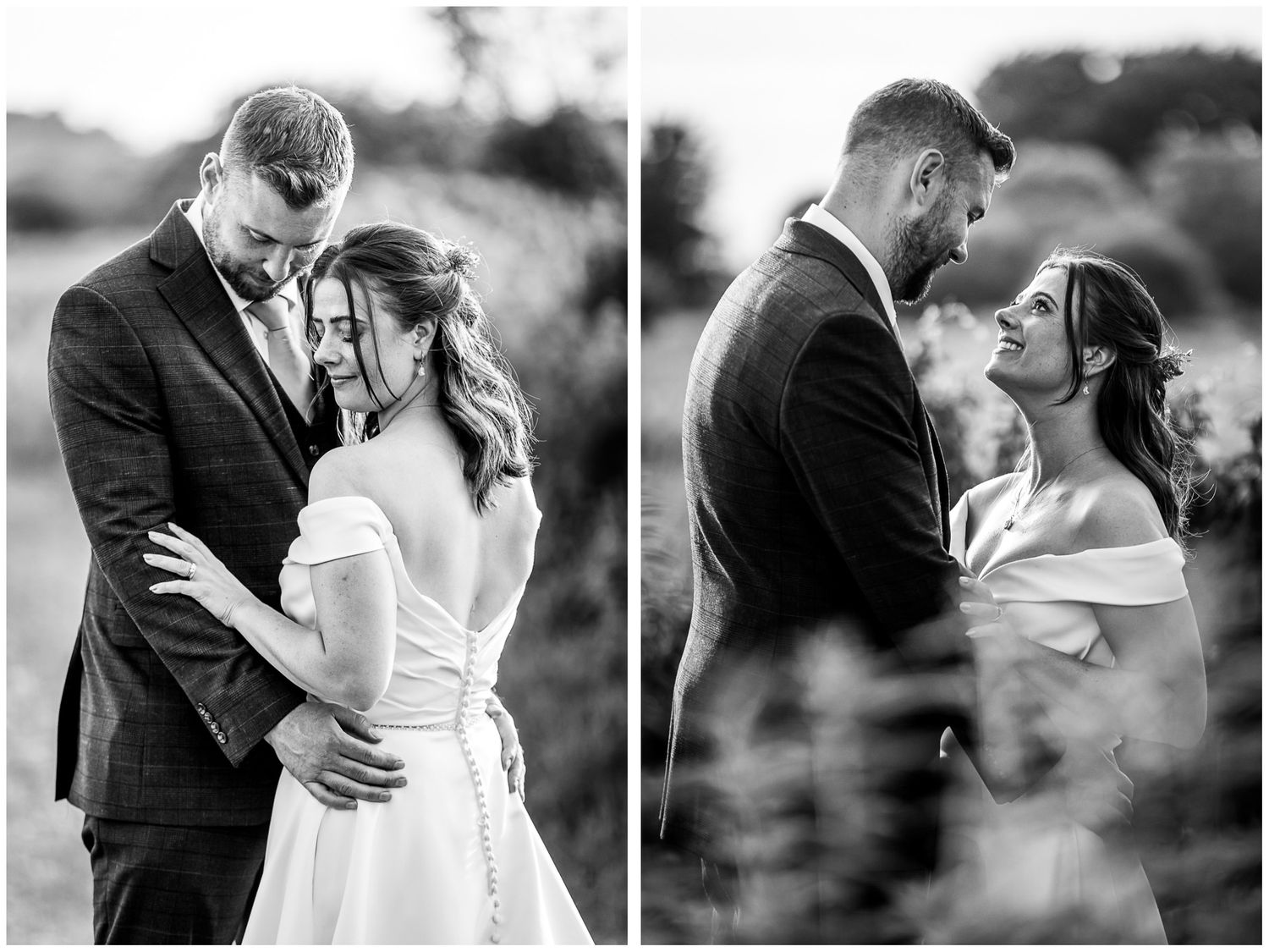 Black and white wedding portrait with bride and groom in the water meadows at Sopley Mill