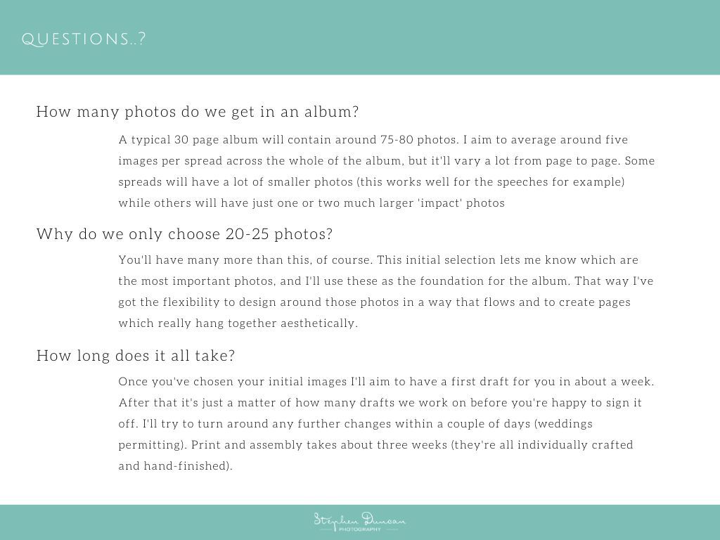Professional album design page with 'QUESTIONS?' header in white text on turquoise background showing layout options.