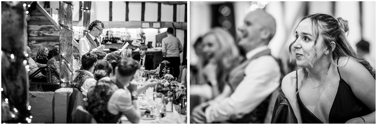 Black and white photographs from the speeches at a Clock Barn wedding