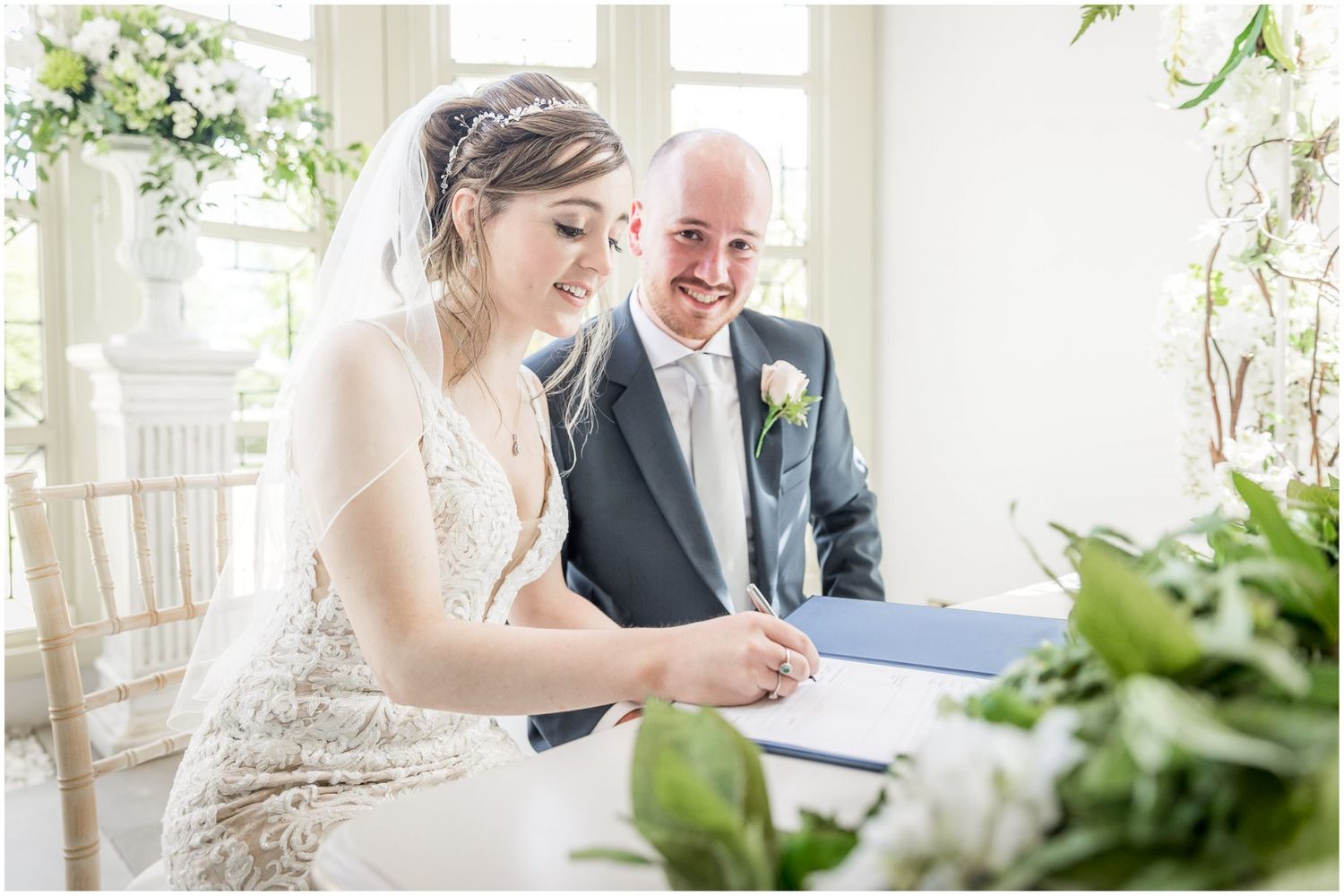 Intimate wedding ceremony moments in bright venue with greenery and natural light.