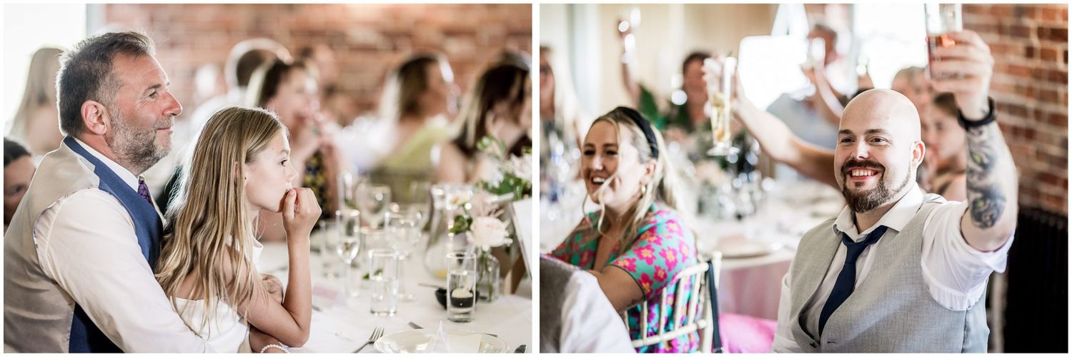 Wedding celebration with guests enjoying cocktail hour at a rustic brick venue.
