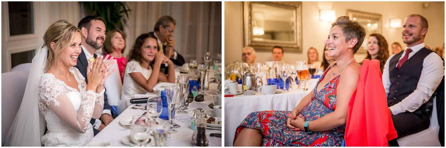 Guests enjoy a lively celebration with dancing, laughter and socializing at an elegant indoor reception venue.