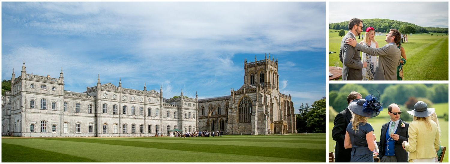 A row of diverse landscape and architectural photos showing countryside estates and buildings under blue skies.