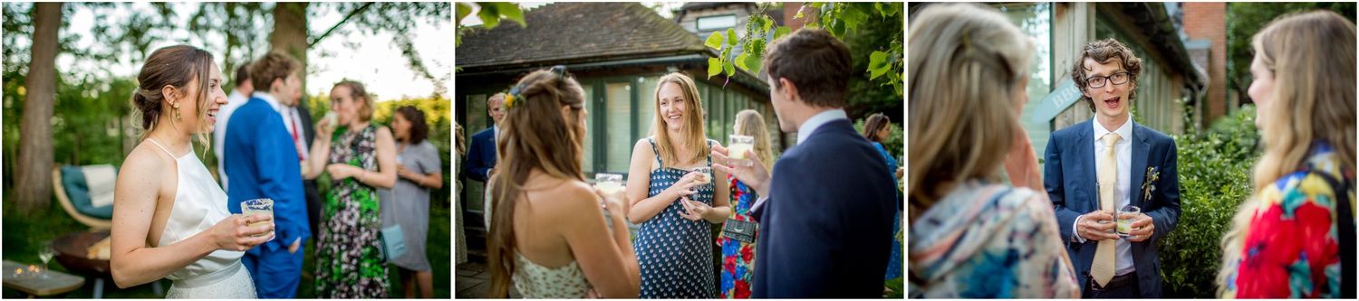Wedding guests gather for outdoor celebrations in a garden setting.