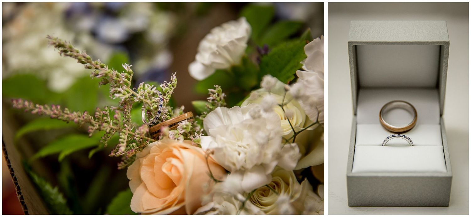 Wedding detail collage showing rings, floral arrangements, and delicate peach roses against neutral backgrounds.