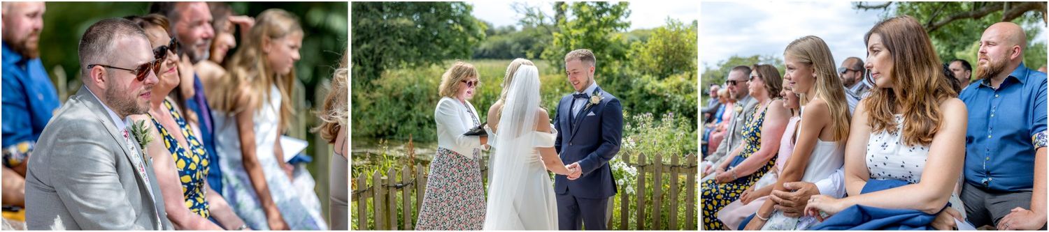 Candid moments of wedding guests mingling during outdoor celebration.