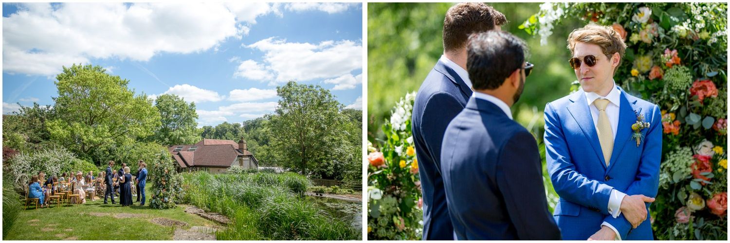 Beautiful outdoor wedding venue with blooming gardens under blue summer sky.