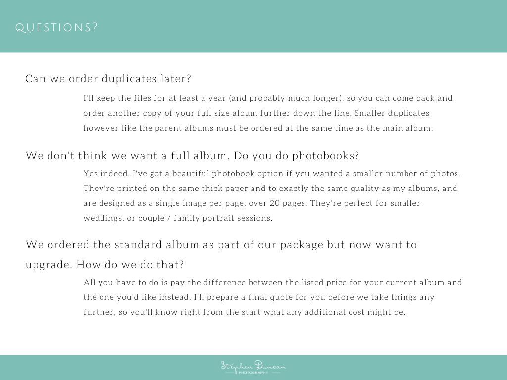 Mint green webpage section containing questions about photo albums with white text content.