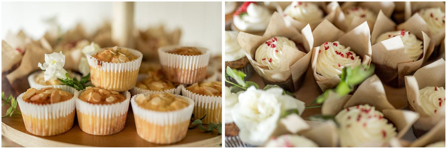 Elegant dessert table with cupcakes and sweet treats arranged at a wedding reception.