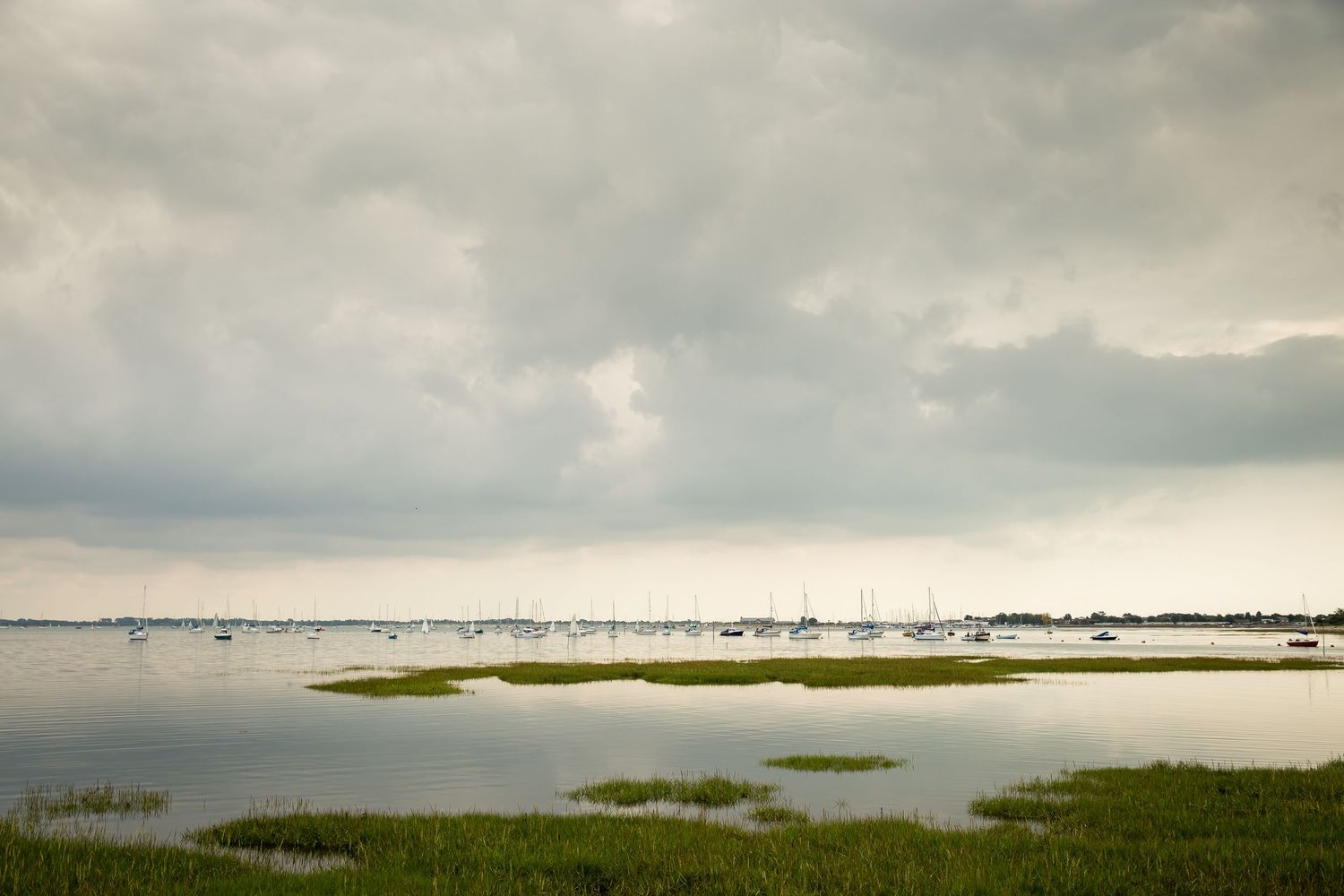 Dramatic panoramic view of a coastal marsh landscape under moody storm clouds.