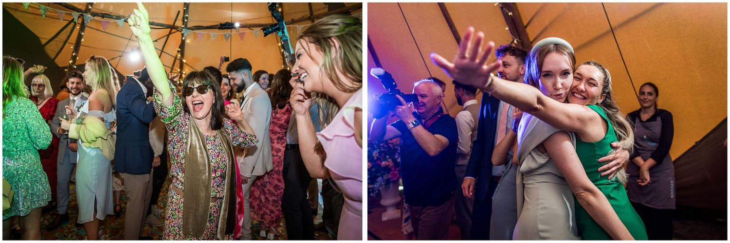 Guests dancing and celebrating at a lively outdoor wedding reception under a marquee tent at night.