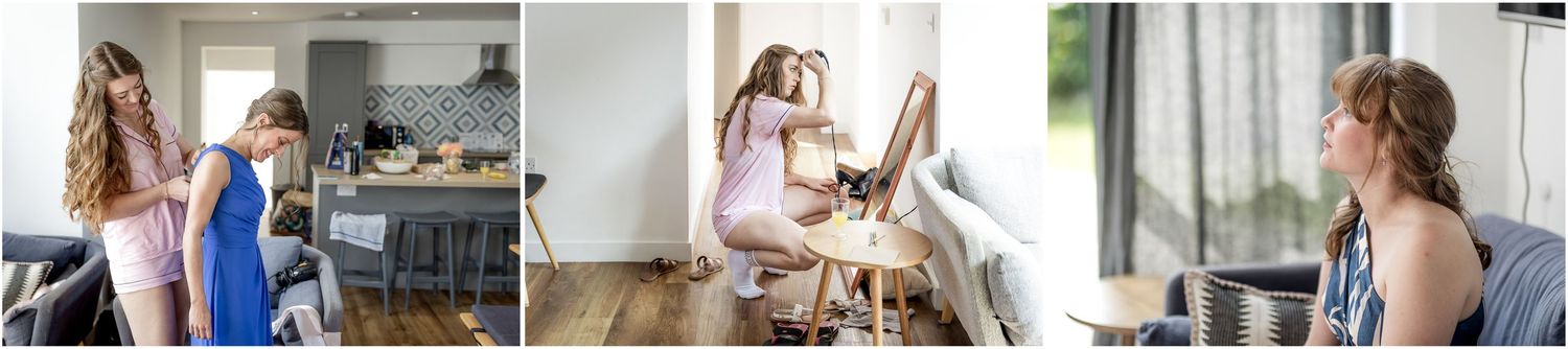 Candid moments captured during wedding preparations in a bright modern room.