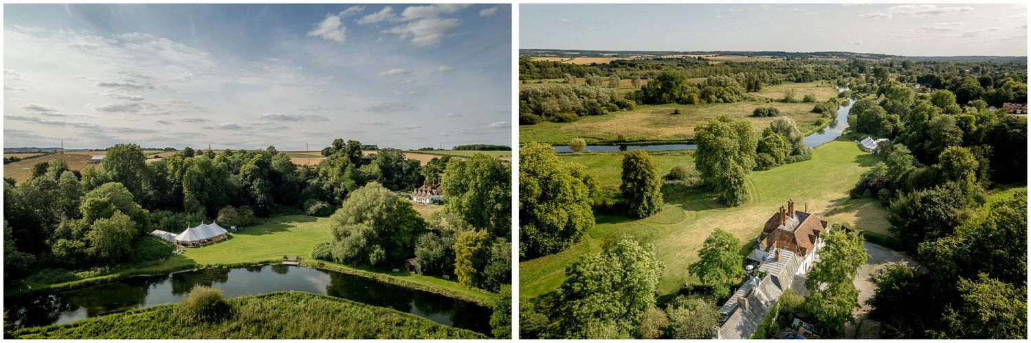 Aerial views of a countryside wedding venue with rolling hills and gardens.