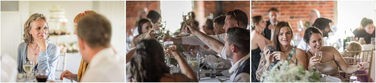Candid moments captured during an elegant indoor wedding reception celebration.