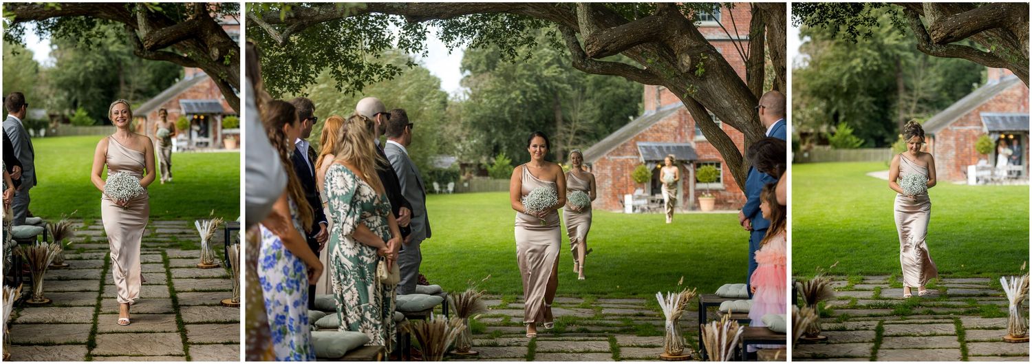 Sequence of wedding ceremony moments captured on a stone pathway outdoors.