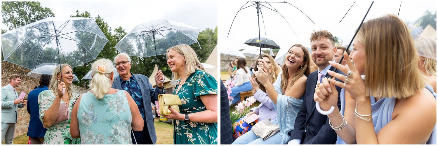 Wedding guests take their seats with umbrellas as they wait for the rain to pass before the outdoor wedding ceremony begins.