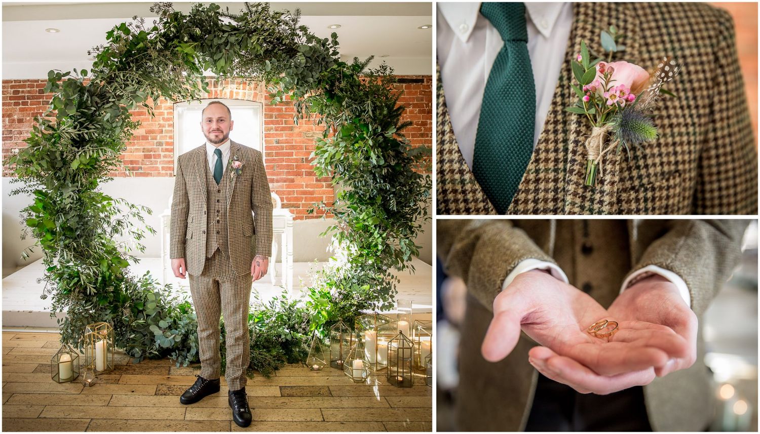 Wedding decorations featuring green foliage arch and elegant table settings in rustic venue.