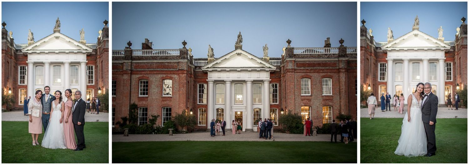 Classic wedding portraits captured at historic mansion with white columns.