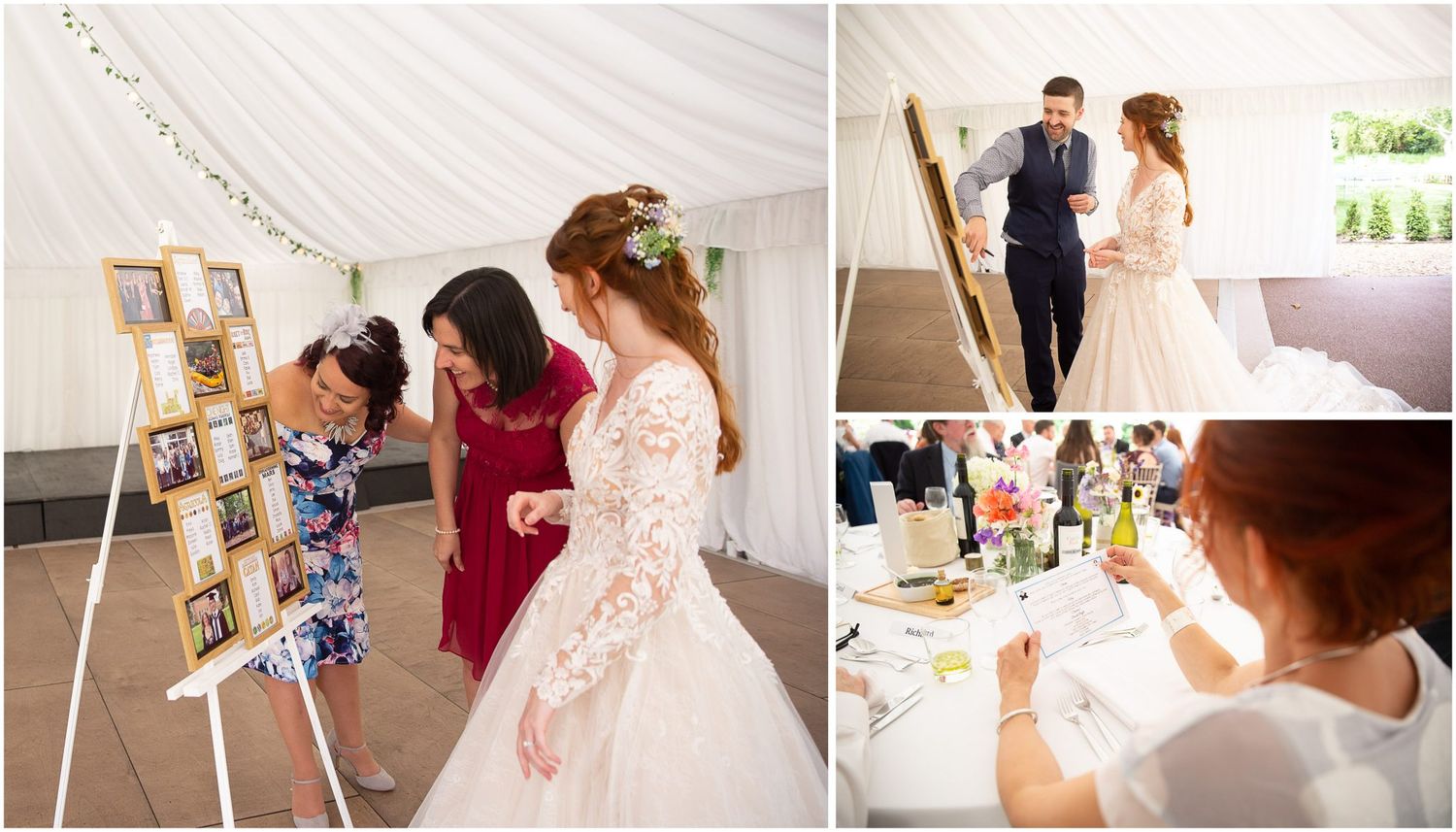 Wedding guests and couple interact with photo displays and seating charts at an elegant reception venue.